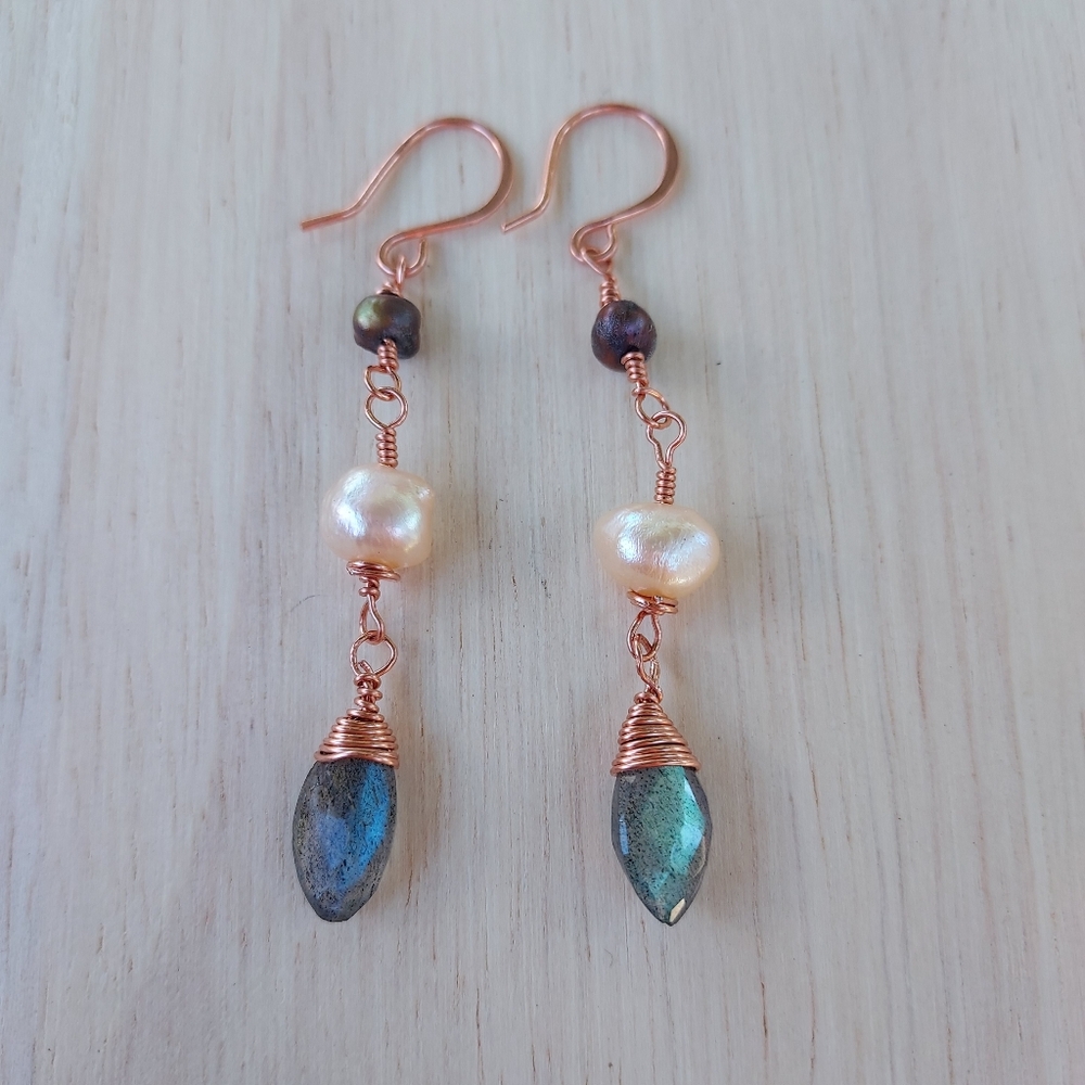 Handmade Genuine Baroque Pearls With Labradorite And Warm Copper Earrings
